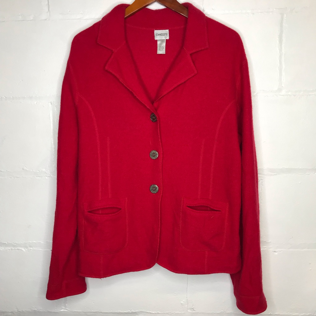 Chico Size 3 Xl 100% Wool Red Cardigan Jacket Blazer Button